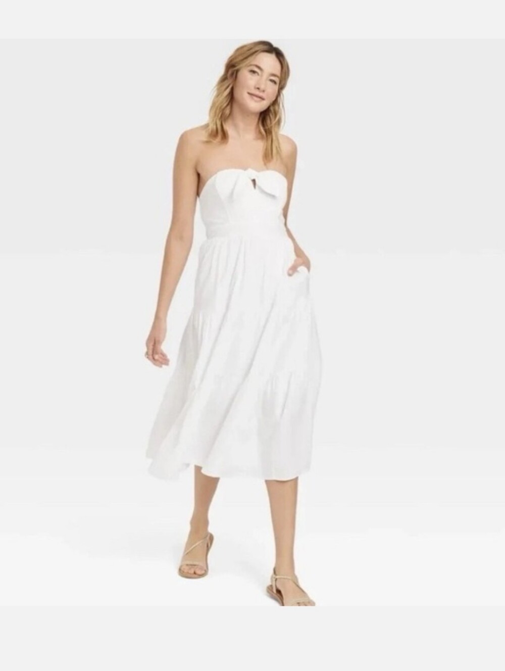 Universal Thread White Strapless Tie Front Tiered Midi Dress Small